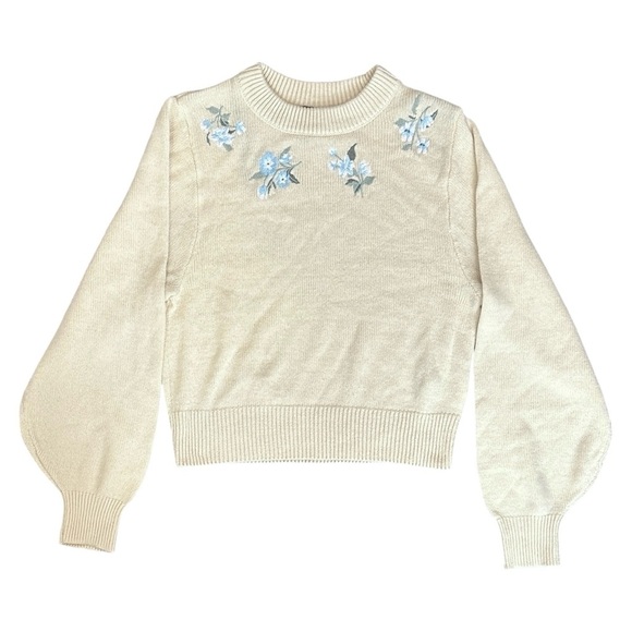 H&M Sweaters - H&M Floral Embroidered Balloon Sleeve Bohemian Crew Neck Sweater Cream Women XXS
